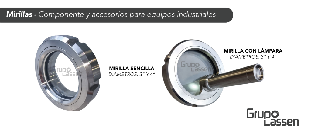 Tipos de mirillas, sencilla y con lámpara para equipos industriales en acero inoxidable. 