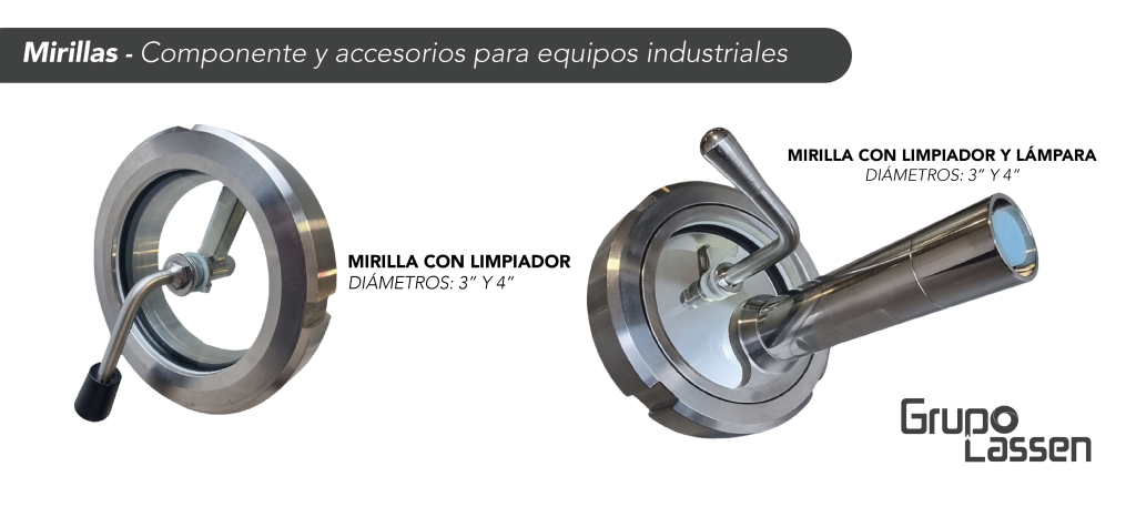 Tips de mirilla con limpiador y lácpador y lampara para equipos industriales en acero inoxidable. 