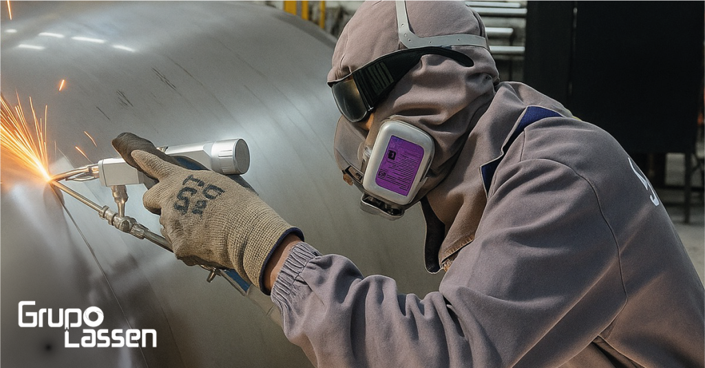 Operario realiza soldadura láser sobre tanque de acero inoxidable, usando equipo de protección personal completo, en planta industrial de Grupo Lassen