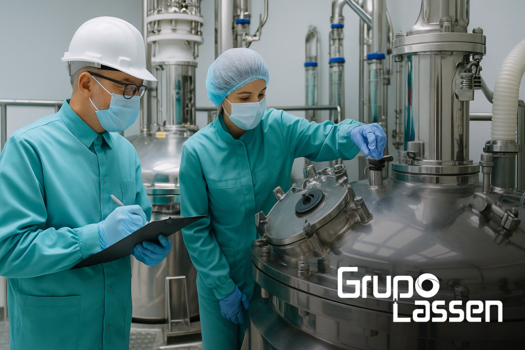 Profesionales revisando planos en planta industrial con equipos sanitarios de acero inoxidable, en entorno alineado con normativas BPM, HACCP, FDA y ASME BPE para la industria farmacéutica y alimentaria.