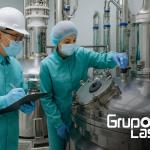 Profesionales revisando planos en planta industrial con equipos sanitarios de acero inoxidable, en entorno alineado con normativas BPM, HACCP, FDA y ASME BPE para la industria farmacéutica y alimentaria.