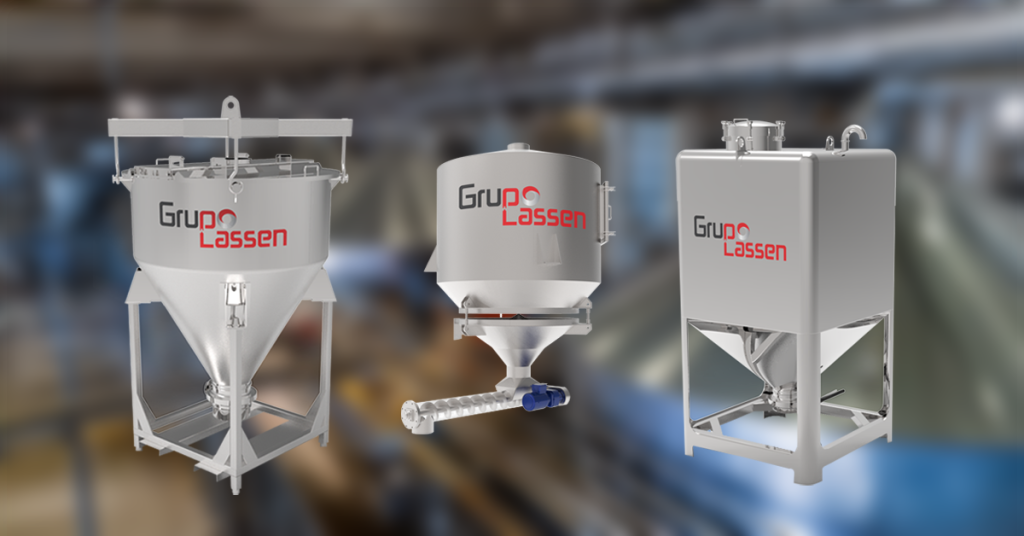 Imagen de tolvas industriales en acero inoxidable diseñadas por Grupo Lassen, utilizadas para el almacenamiento y dosificación de sólidos en procesos industriales del sector químico, alimentario y cosmético.